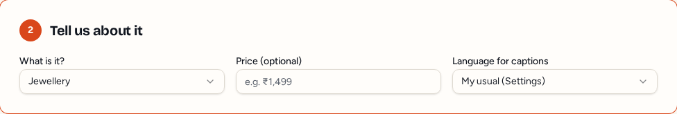 Step 2 category, optional price and caption language fields