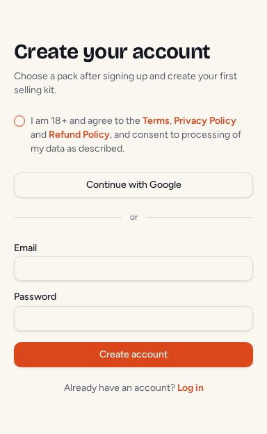 Create your account with the required consent checkbox, Google sign-in and email form